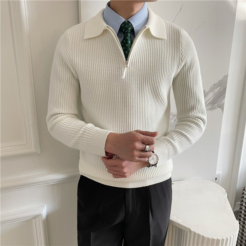 Side view of the men's cotton knit half zip jumper