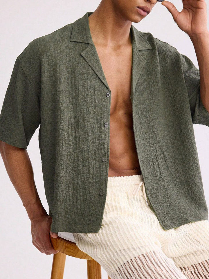 Men's relaxed fit camp collar shirt shown from the back
