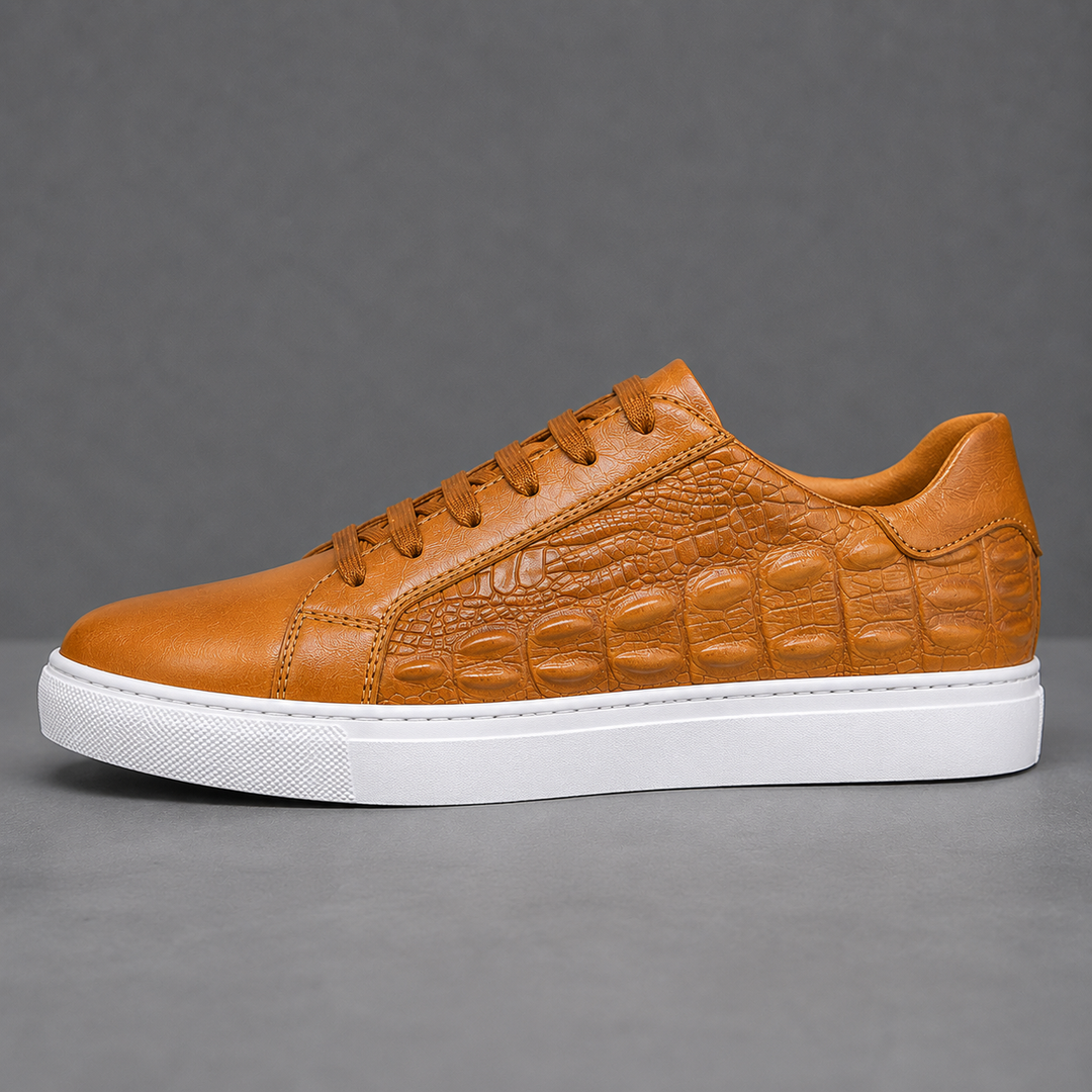 Men's court sneaker showing the lace-up fastening and stitched panels