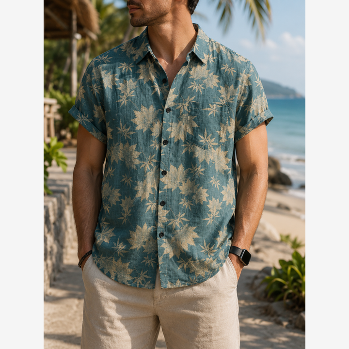 Front angled view of the men's multicolour patterned shirt