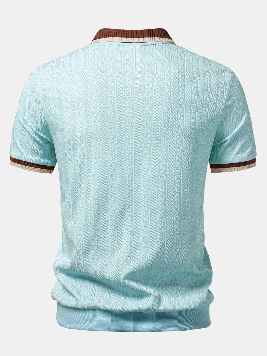 Detail view of hem and sleeve finish on men's knitted polo shirt