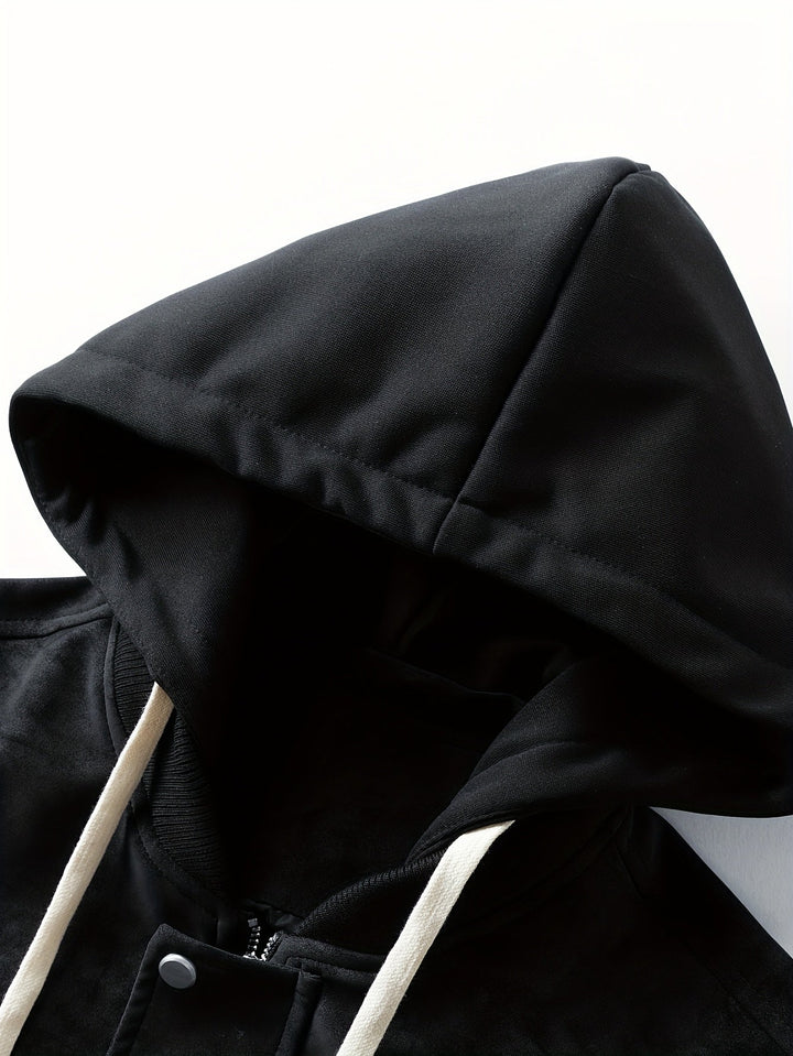 Close-up of the jacket's zip fastening and hood