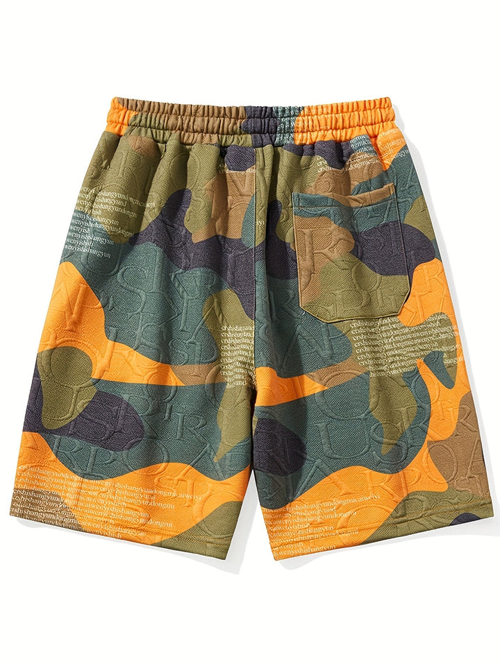 Full-length view of men's camo relaxed fit shorts from another angle