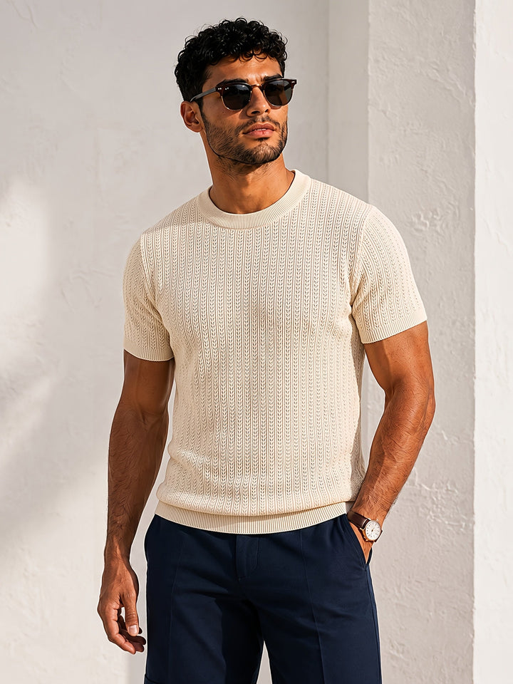 Model wearing men's textured knit T-shirt side profile