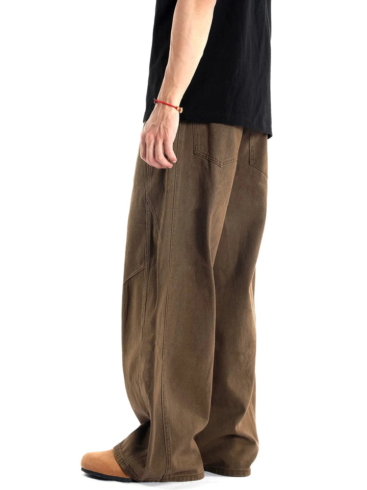 Men's Retro Curved Knife Wide-Leg Denim Pants Khaki Brown