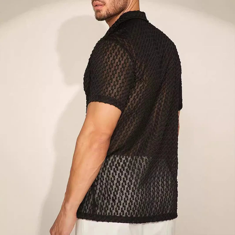 Men's Mesh Lace Short-Sleeve Button-Down Shirt Black Slim Fit