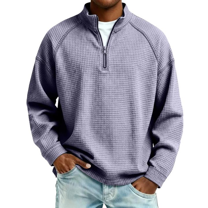 Men Waffle Knit Quarter Zip Pullover Loose Fit Casual Top