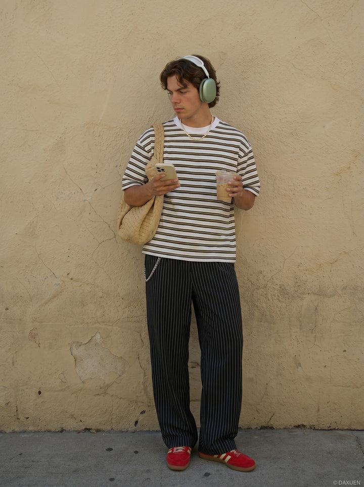 Striped Knit Relaxed Fit T-Shirt Brown and Gold