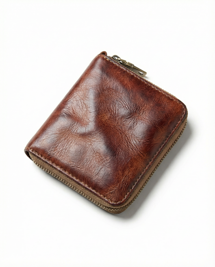 Compact Cowhide Leather Zip Wallet Men’s