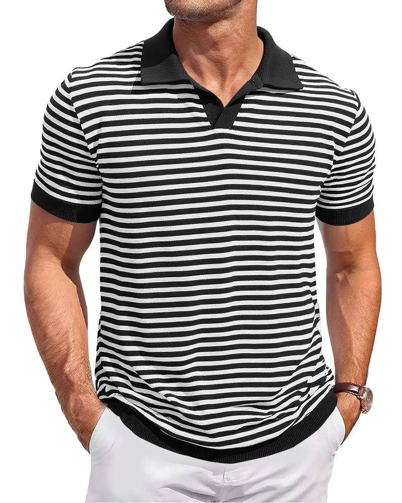 Men's colour-block striped polo shirt with short sleeves, angled view