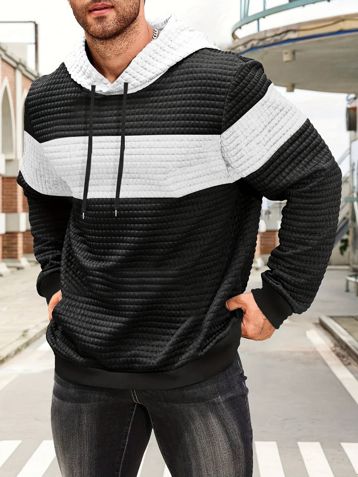 Men's textured gradient hoodie displayed with the hood raised
