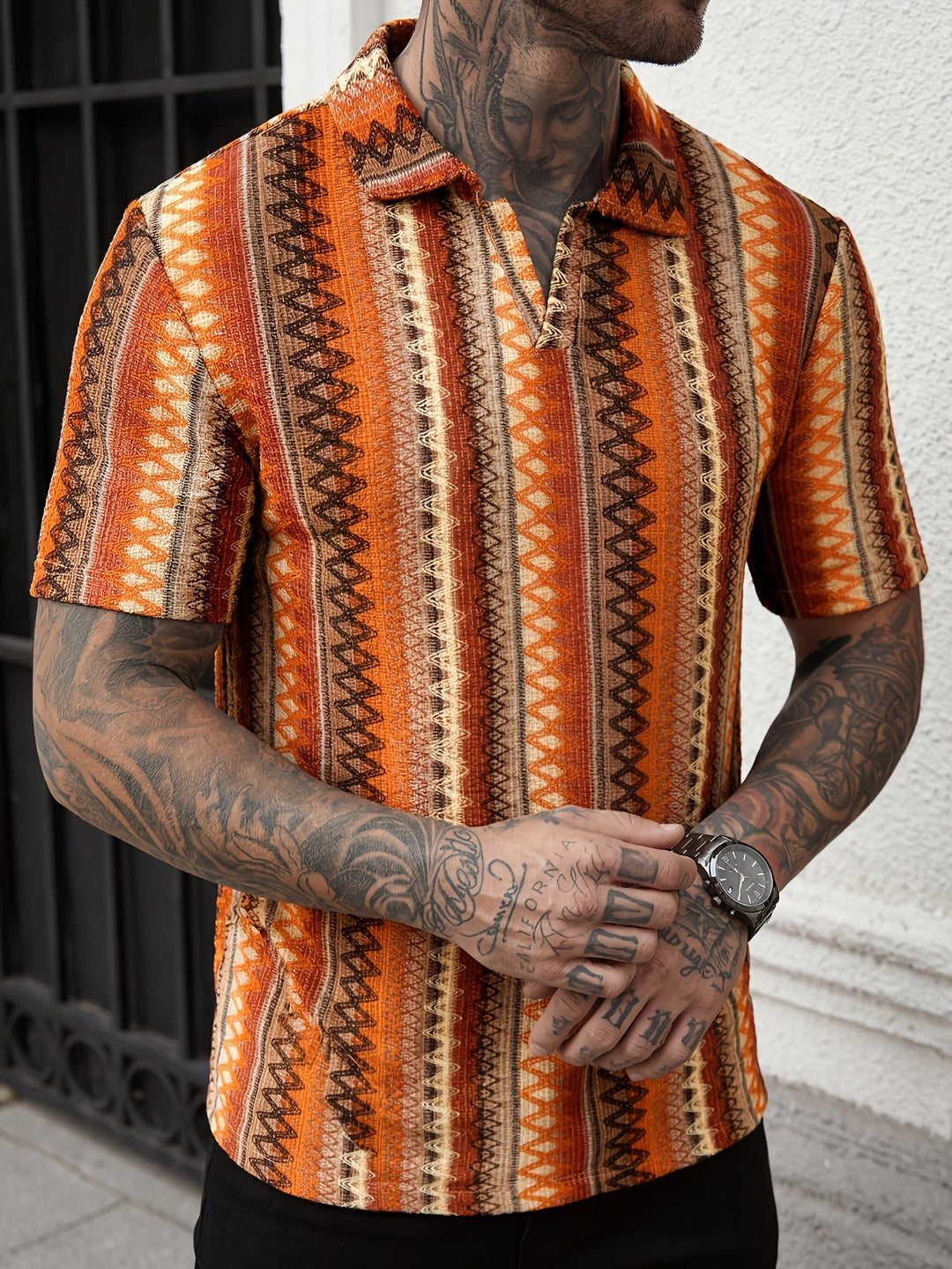 Close-up of the Aztec jacquard pattern on the men's polo shirt