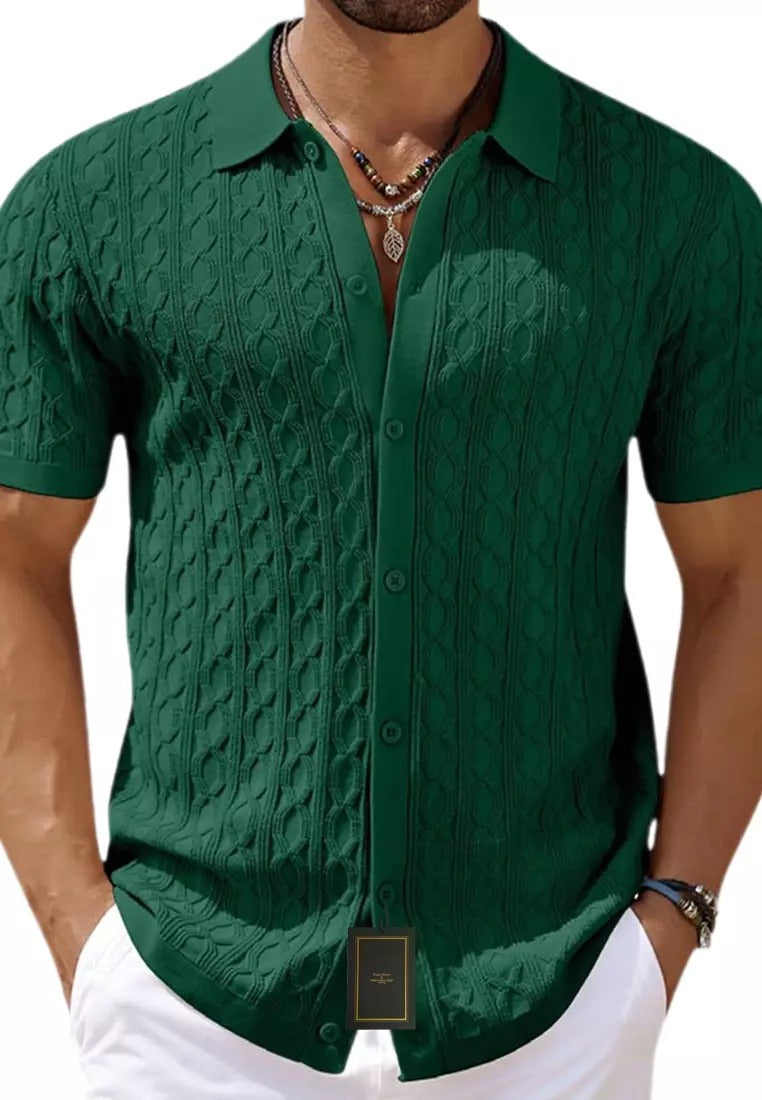 Structured Cable Knit Short-Sleeve Shirt