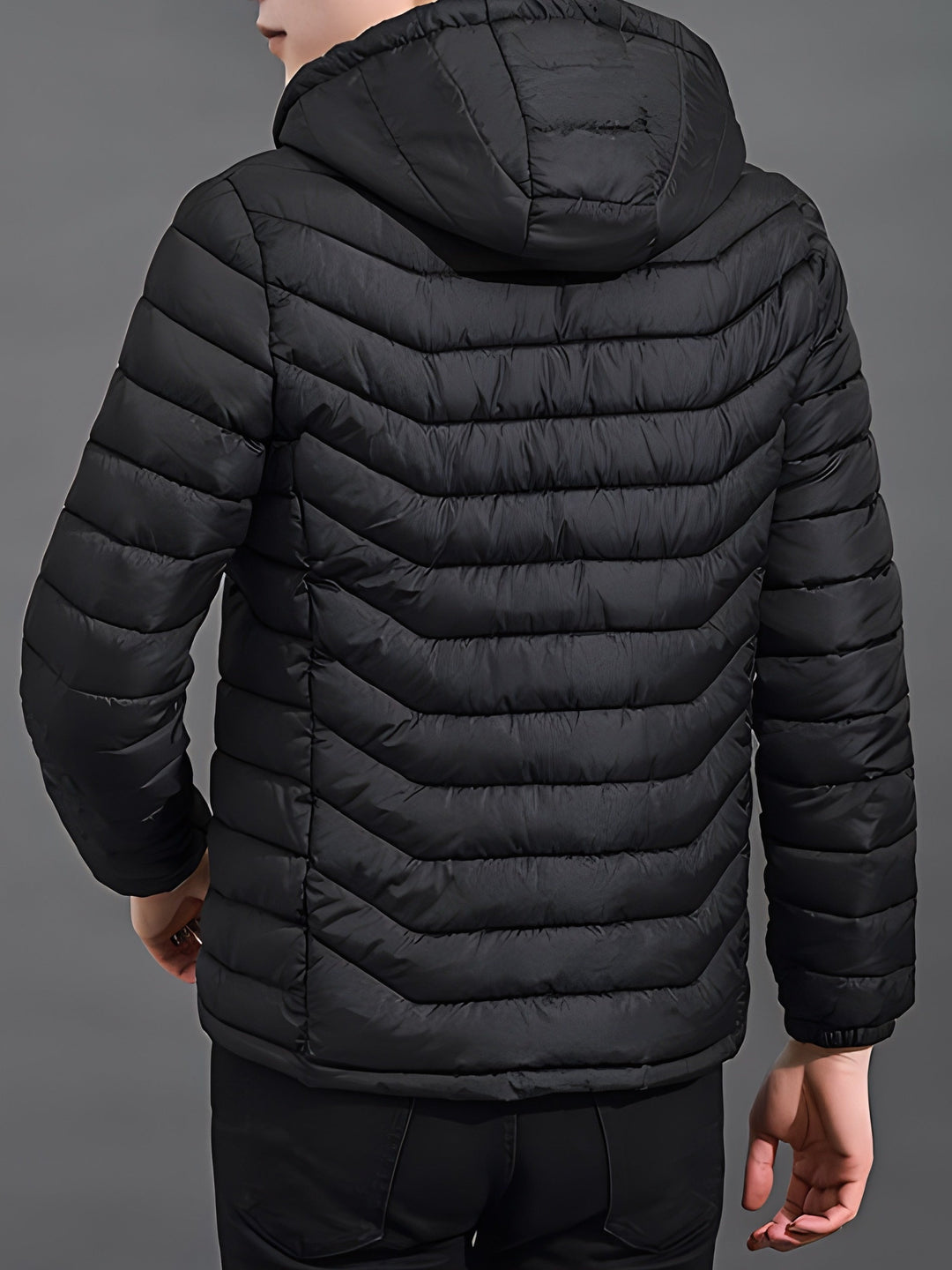 Men's lightweight quilted hooded jacket, back view