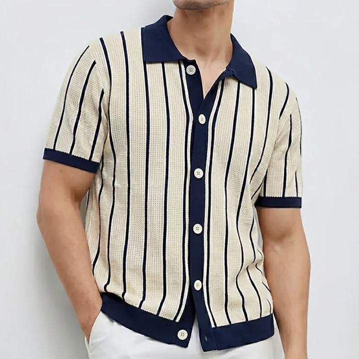Men's Striped Knit Polo Shirt Patchwork Design White