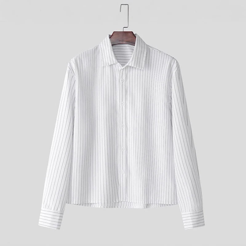 Men's Striped Breathable Loose Fit Long Sleeve Shirt White