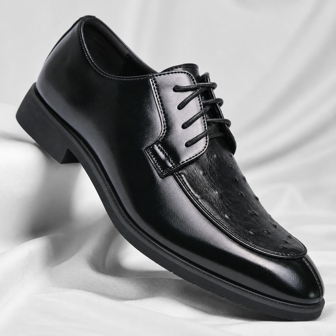 Men's ostrich leather dress shoes highlighting the pointed toe