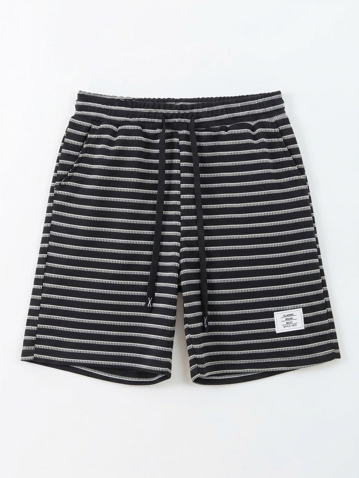 Side view of men's stripe waffle knit shorts in a relaxed fit