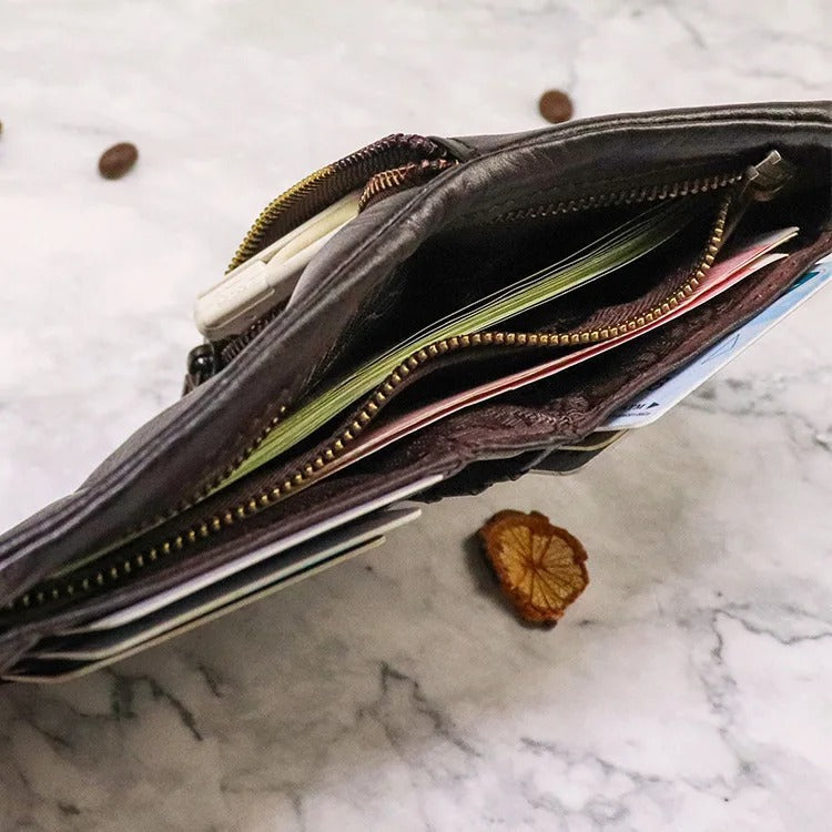 Leather Folded Wallet With Brass Snap Closure