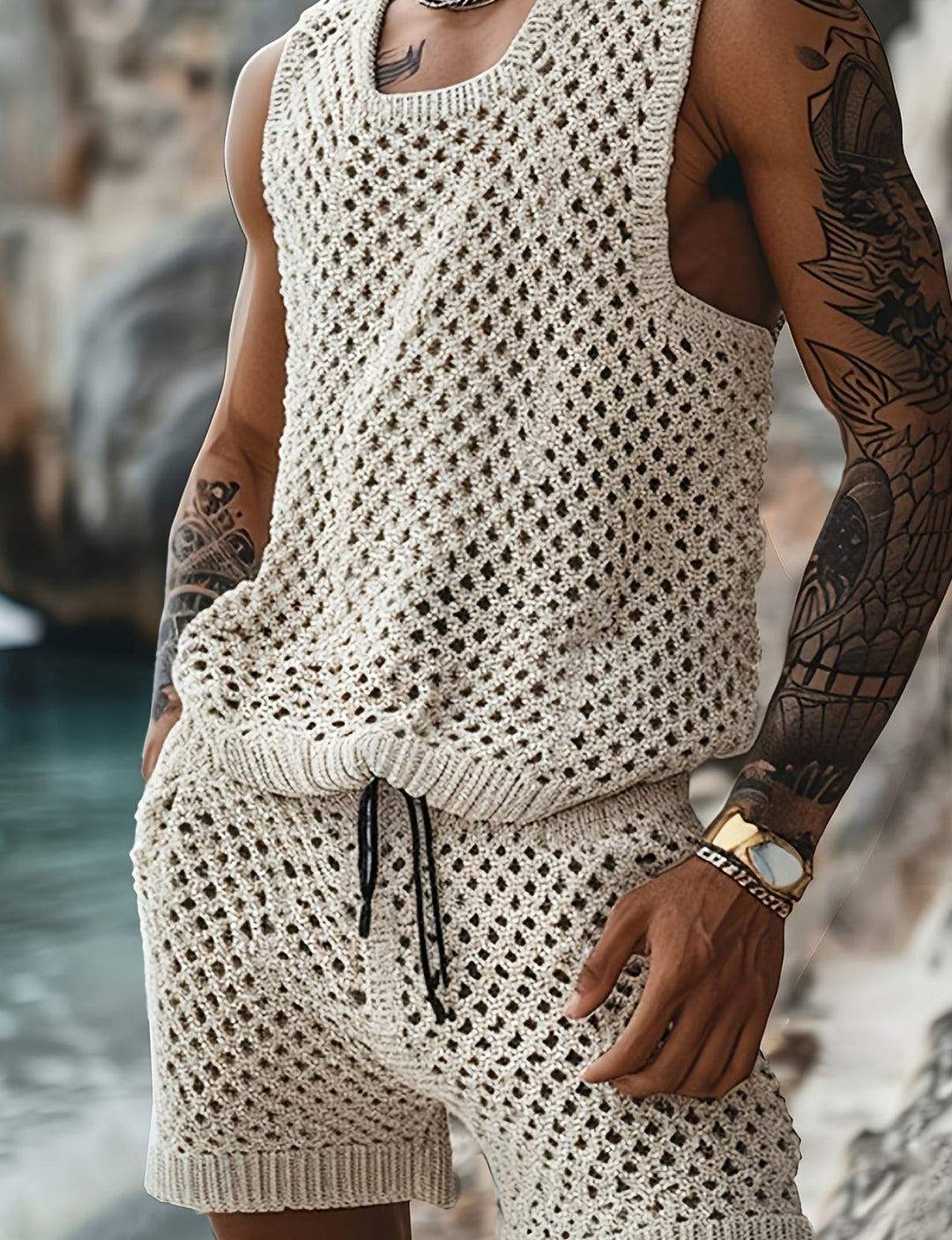 Men's crochet knit tank and shorts set shown as a matching co-ord