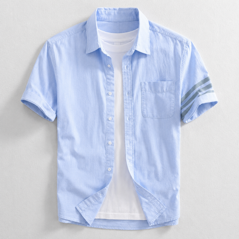 Men's linen blend tailored shirt shown from the front with collar and button placket