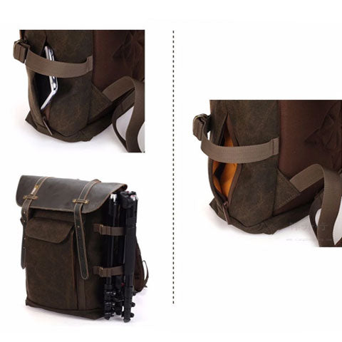 Canvas Leather Camera Backpack Vintage Khaki Green
