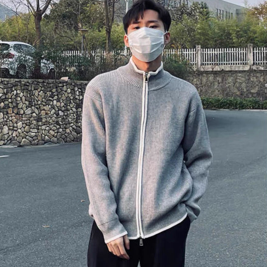 Men's long sleeve cardigan displaying its open front design