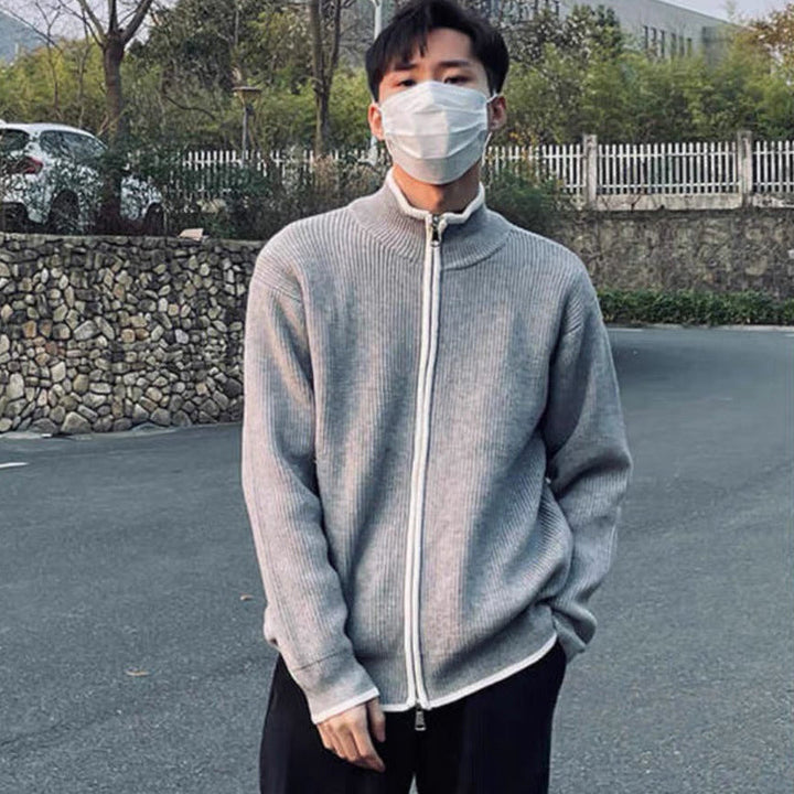 Men's long sleeve cardigan displaying its open front design