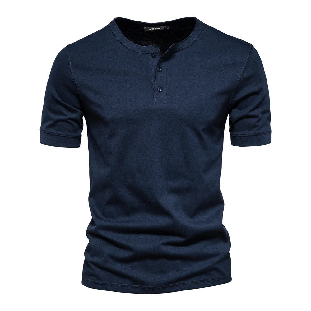 Men's Slim Fit Crew Neck Henley Shirt Cotton Blend Navy Blue