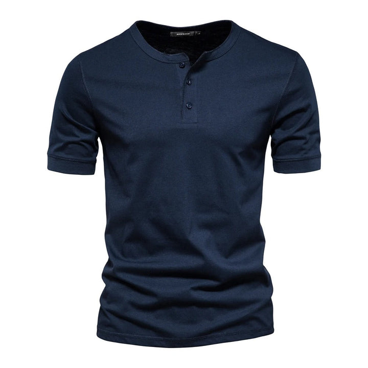 Men's Slim Fit Crew Neck Henley Shirt Cotton Blend Navy Blue