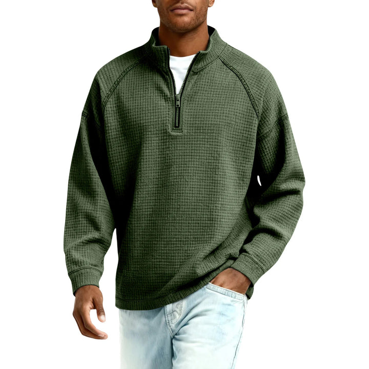 Men Waffle Knit Quarter Zip Pullover Loose Fit Casual Top