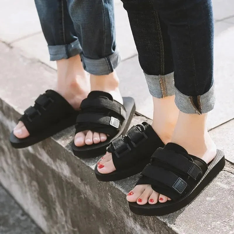 Canvas Slip-On Hook And Loop Outdoor Slippers Black Unisex