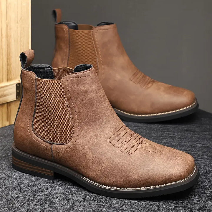 Rear view of men’s leather boots showing the heel