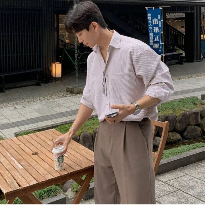 Oversized Striped Shirt Coat Long Sleeve Men Unisex Casual