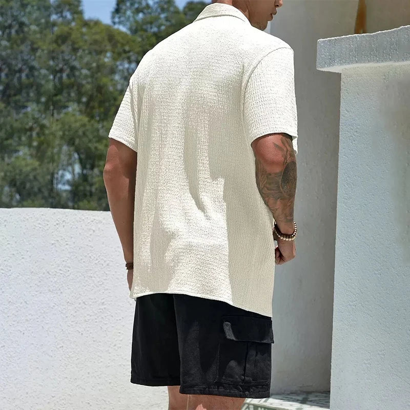Men's Textured Cuban Collar Button-Front Shirt