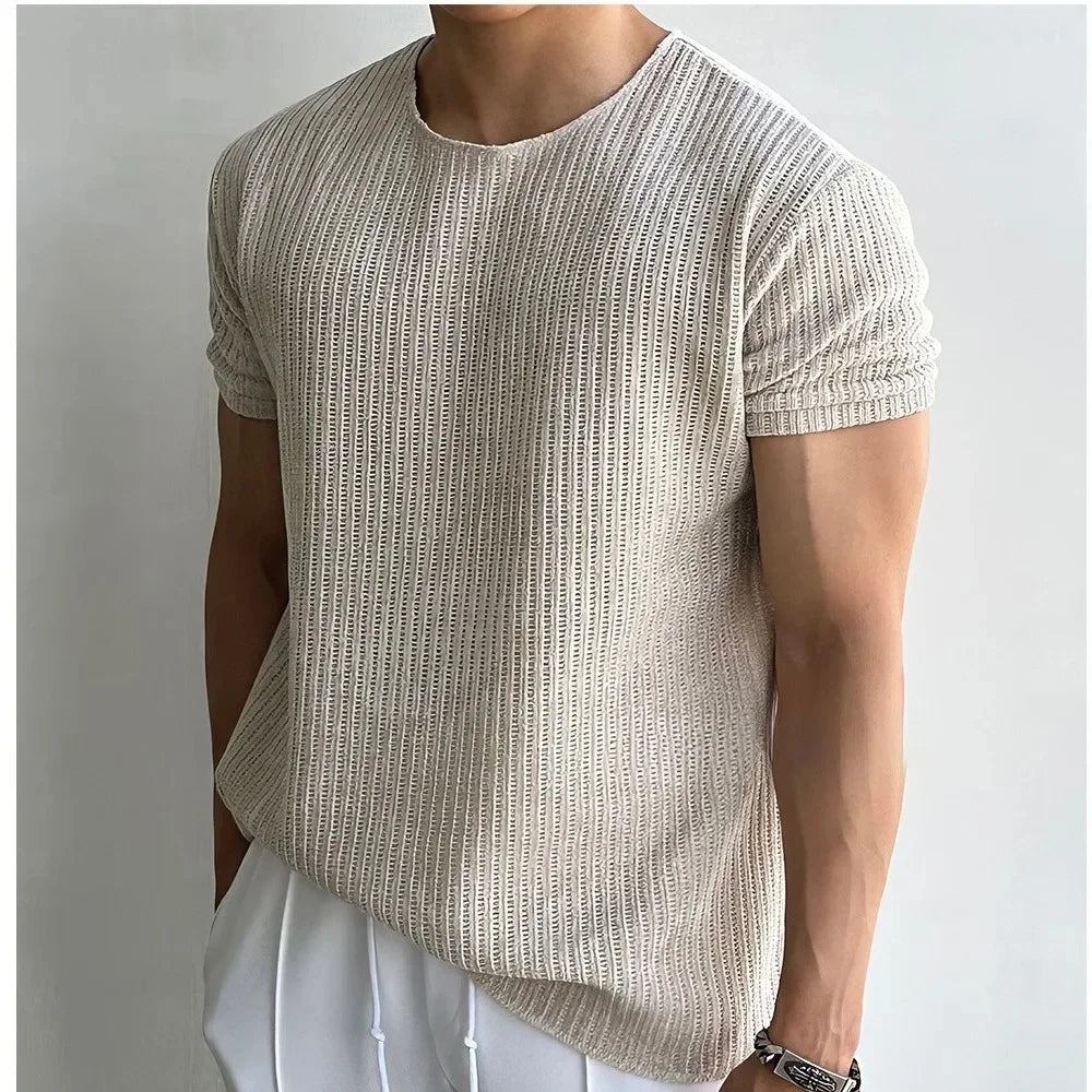 Rib-Knit Crewneck Cuffed Sleeve T-Shirt