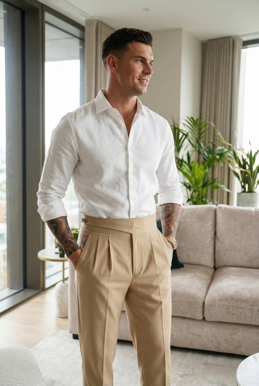 High-Waist Tailored Cottonsilk Trousers Cream