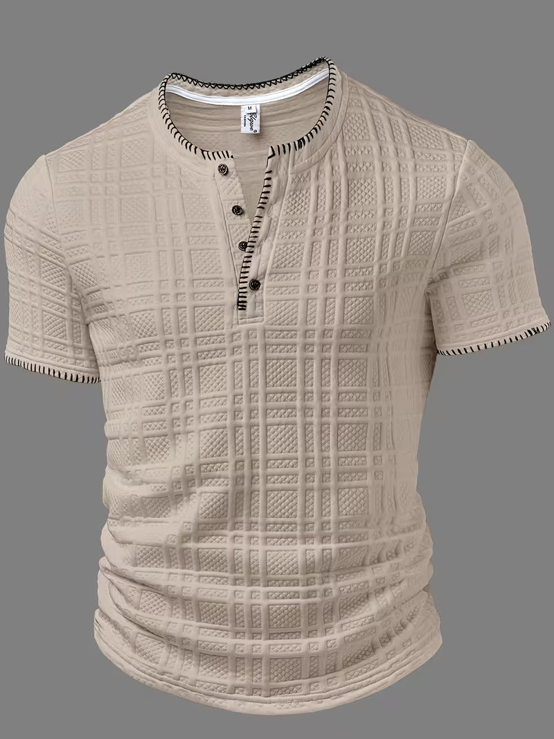 Model wearing the men's textured Henley T-shirt outdoors