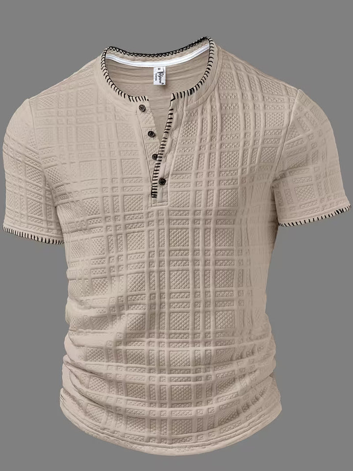 Model wearing the men's textured Henley T-shirt outdoors
