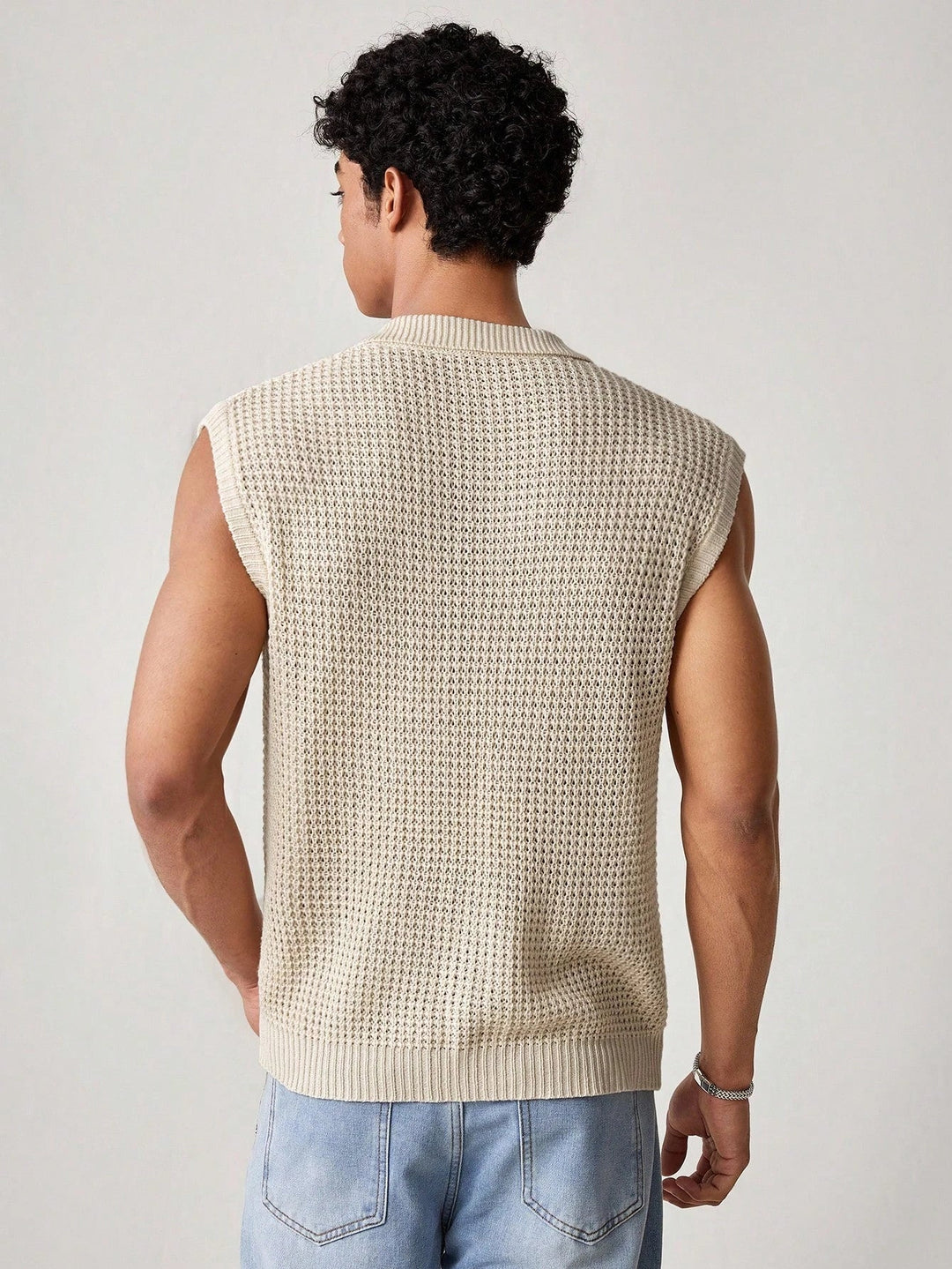 Men's Sleeveless Knit Polo Shirt Pointelle Detail Black