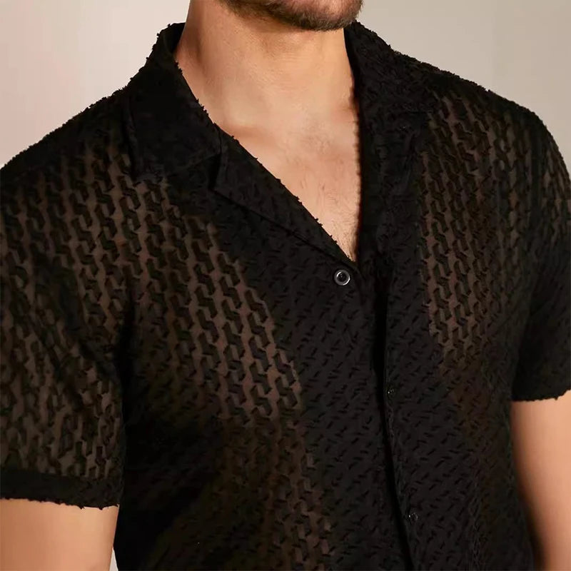 Men's Mesh Lace Short-Sleeve Button-Down Shirt Black Slim Fit