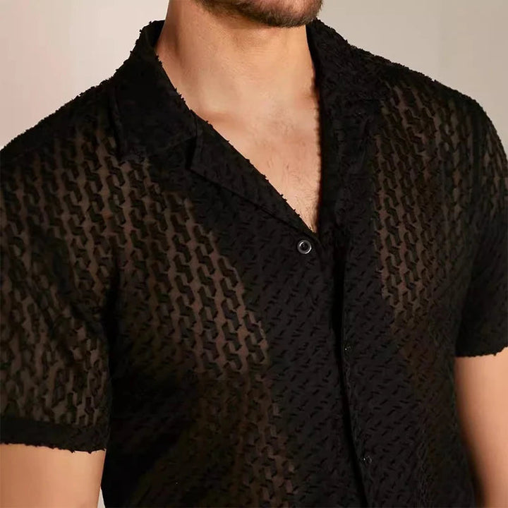 Men's Mesh Lace Short-Sleeve Button-Down Shirt Black Slim Fit