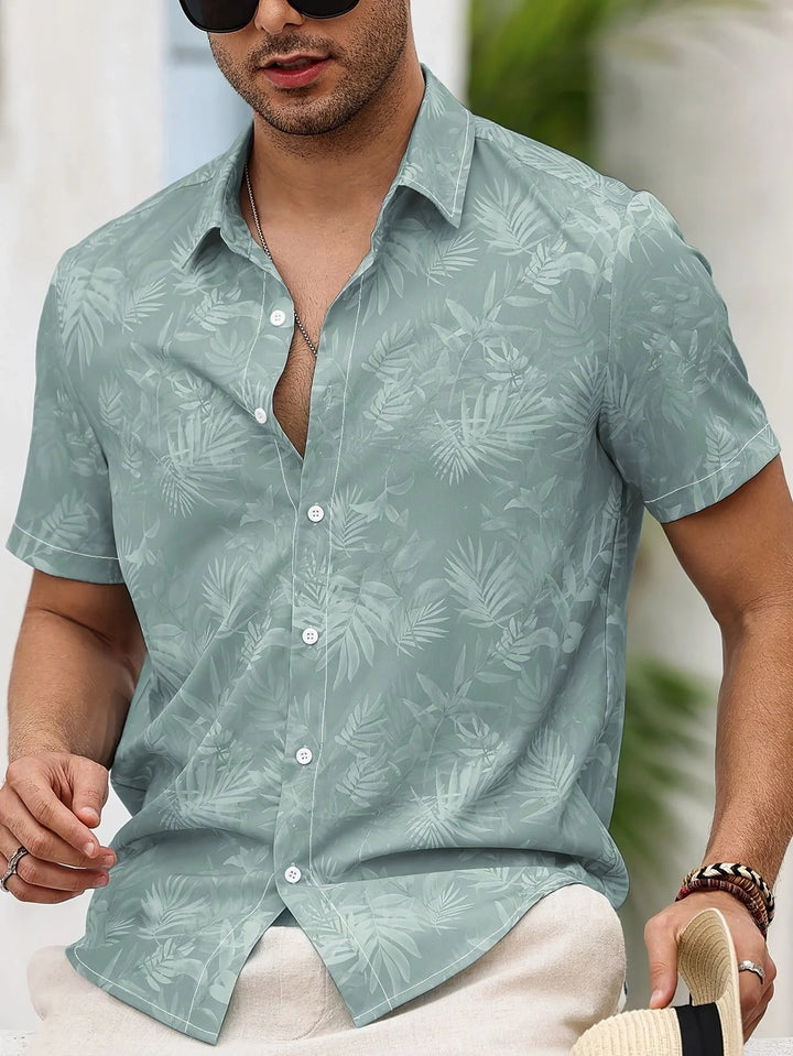 Men's Tropical Print Fitted Short-Sleeve Shirt Light Green