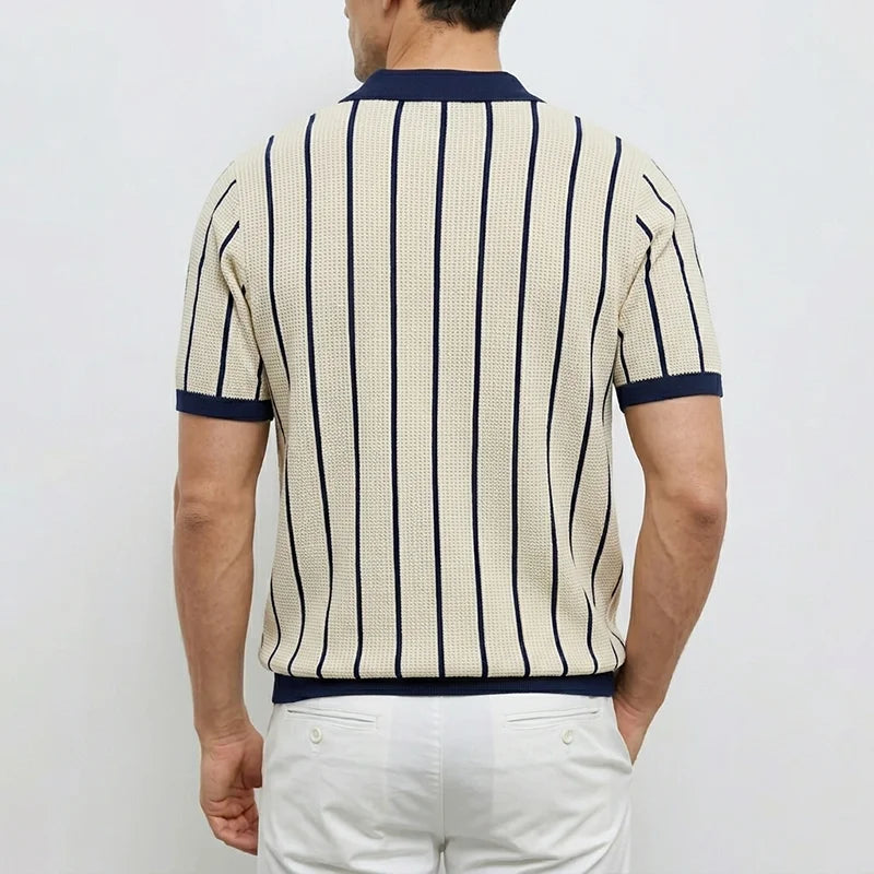 Men's Striped Knit Polo Shirt Patchwork Design White