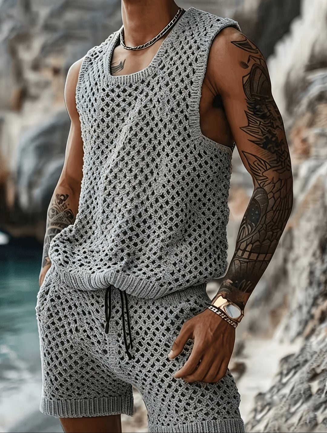 Men's Crochet Knit Tank And Shorts Set