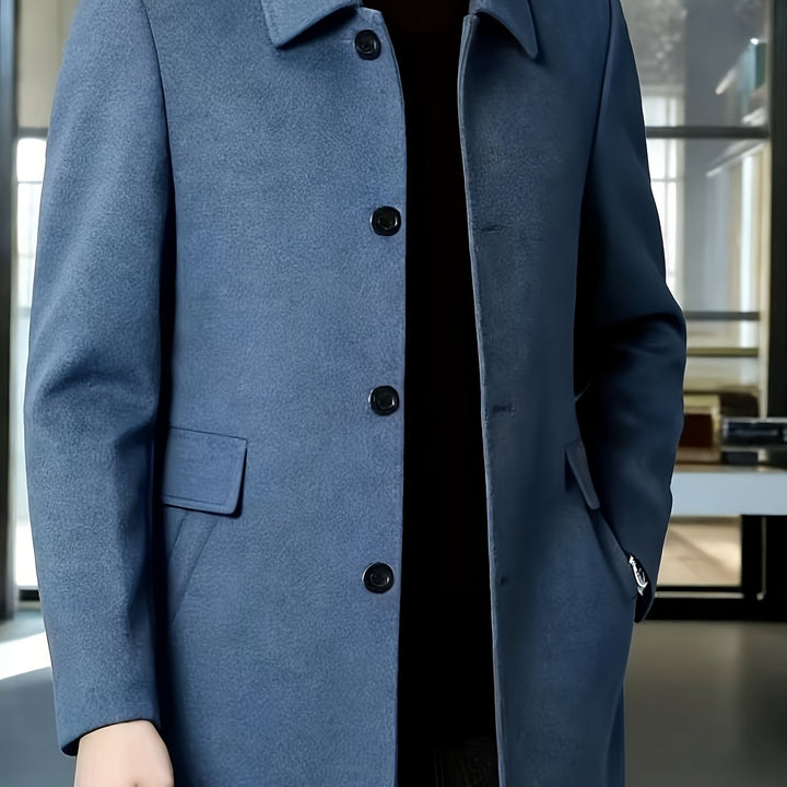 Men's long coat styled for smart everyday wear