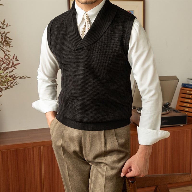 Men's Wool Knit V Neck Vest Solid Pattern