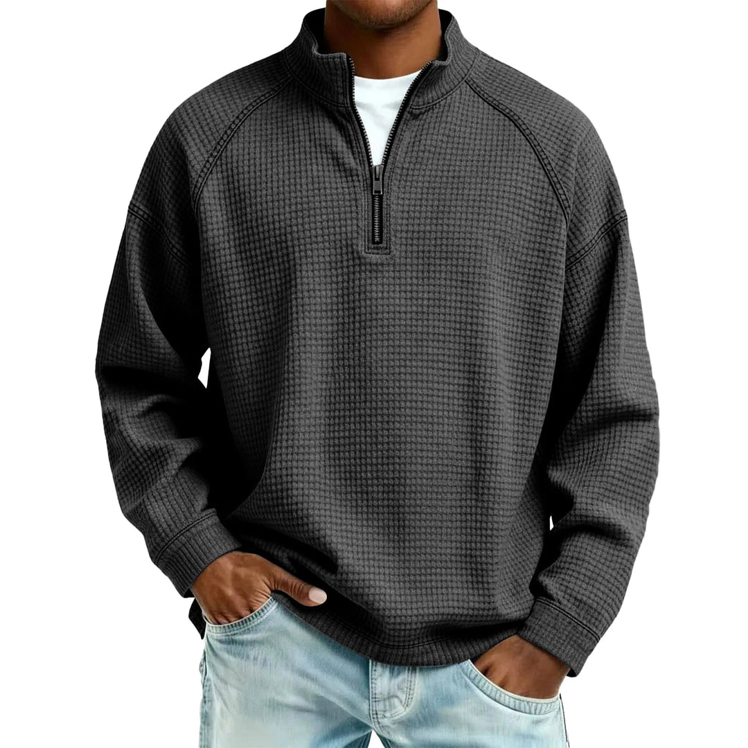 Men Waffle Knit Quarter Zip Pullover Loose Fit Casual Top