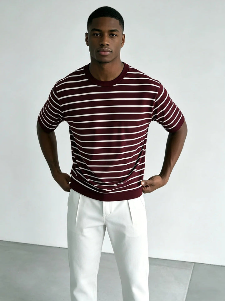 Men's Striped Knit Crew Neck T-Shirt Claret