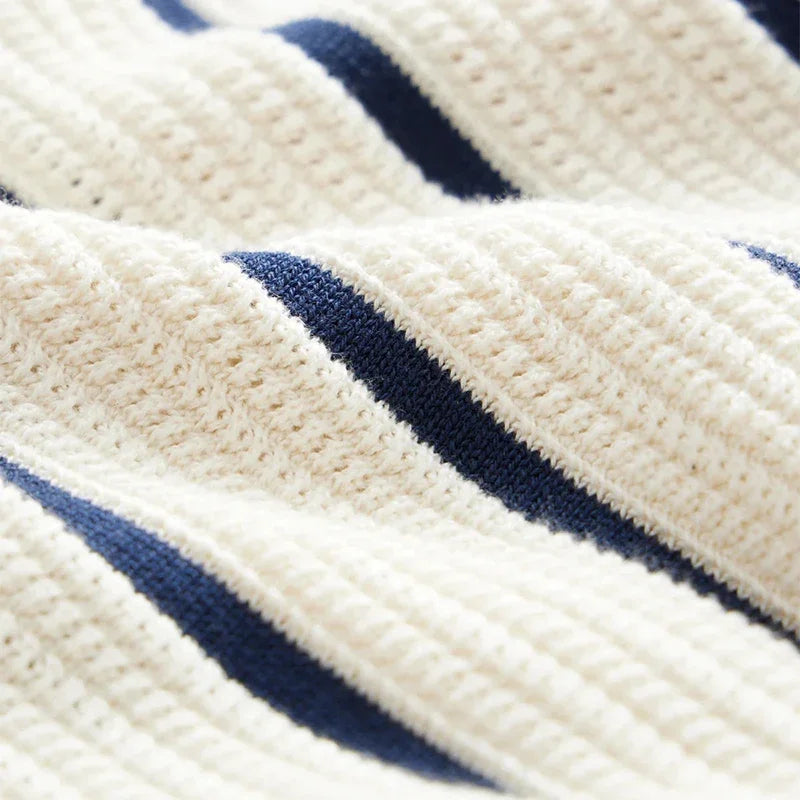 Men's Striped Knit Polo Shirt Patchwork Design White